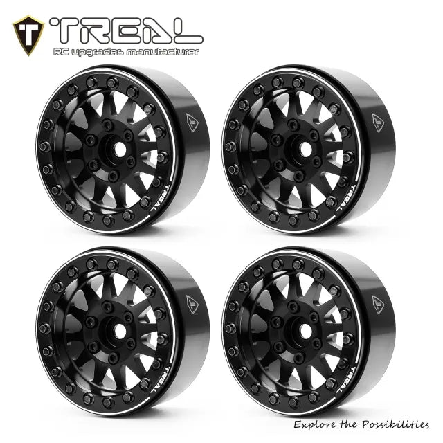 Treal 1.9 Wheels (4pcs) Beadlock Alloy Crawler Wheels for 1:10 Scale RC Truck-Type D Black/Black