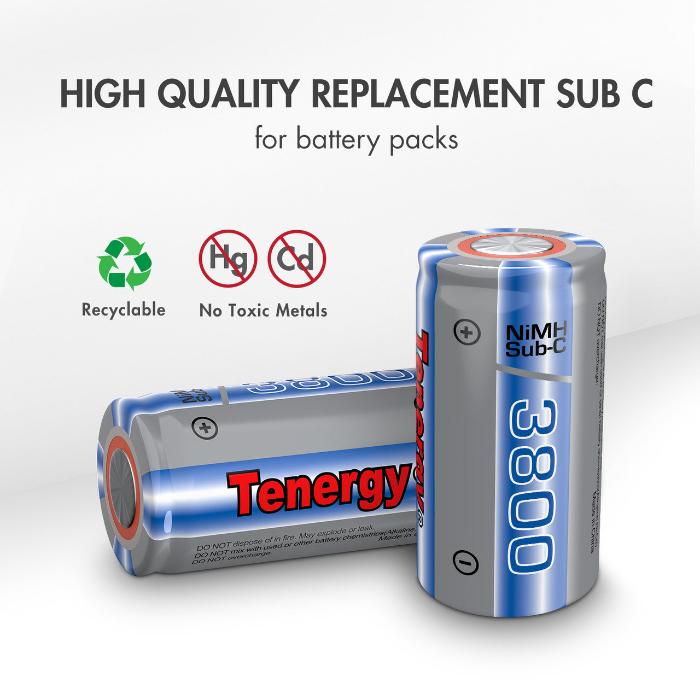 Tenergy Propel Sub C 3800mAh NiMH Flat Top w/ Tabs Rechargeable Batteries (Special Size)