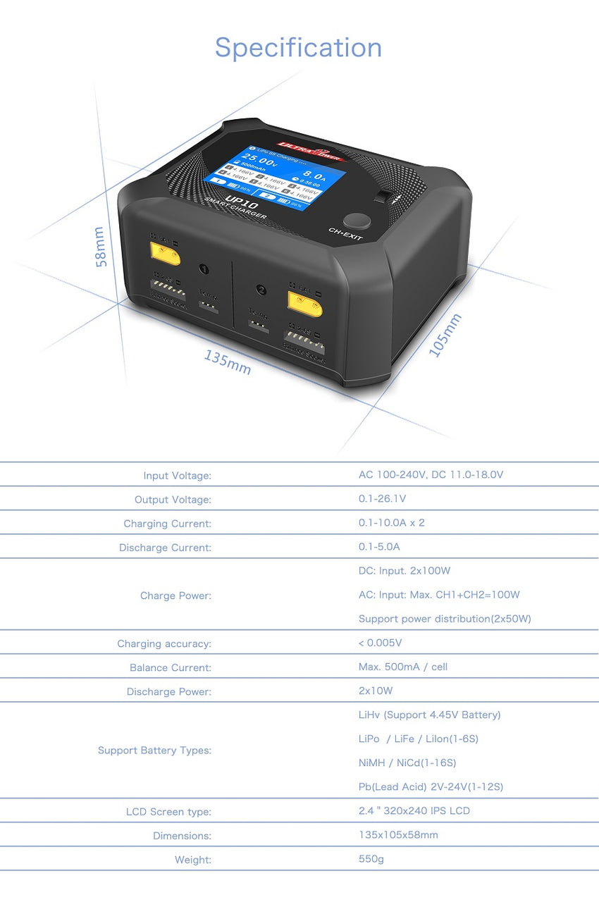 Ultra Power UP10 100W / 200W Dual Port Multi Chemistry AC / DC Charger