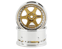 DS Racing Drift Element 6 Spoke Drift Wheels (2) (Adjustable Offset) w/12mm Hex, GOLD & CHROME w/GOLD RIVETS